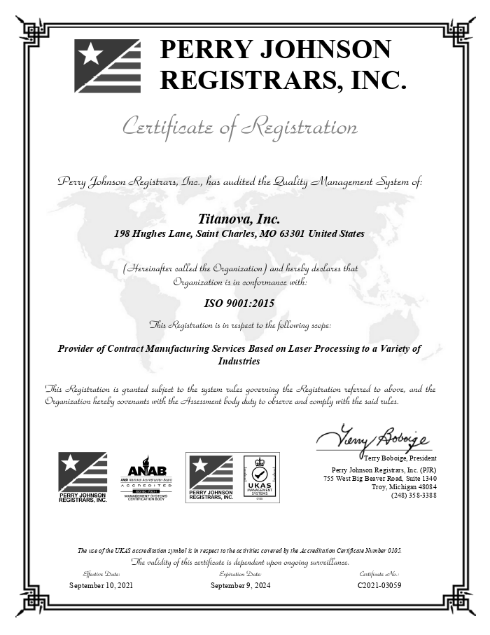 Titanova ISO 9001:2015 certificate