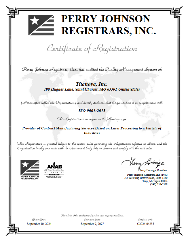 Titanova ISO 9001:2015 certificate